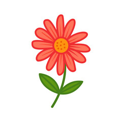 A red flower illustration with multiple petals, green leaves, and a curved stem. Bright, cheerful botanical element suitable for nature themes, logos, decorations, and floral projects.