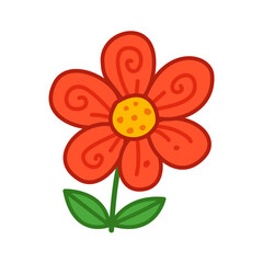 A red flower with six smooth petals and green leaves, creating a vivid botanical illustration. Ideal for nature projects, floral branding, seasonal graphics, and decorative design themes.