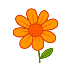 An orange flower with seven petals and green leaves, featuring a soft rounded shape. Ideal for cheerful floral decorations, eco-themed visuals, botanical icons, and bright seasonal elements.