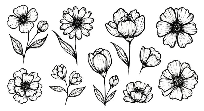 Floral Sketches: Hand-Drawn Flower Illustrations with Delicate Line Work and Botanical Elements