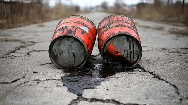 Two overturned red barrels leaking dark viscous liquid onto an outdoor paved surface with visible cracks and puddles of the substance