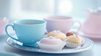 Delicate porcelain teacups and pastries arranged on a tray
