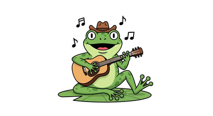 Fototapeta premium Harmonious amphibian serenade, cartoon frog with guitar and hat joyfully playing music