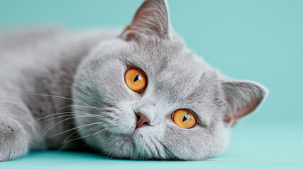 Studio-lit British Shorthair cat with amber eyes staring calmly