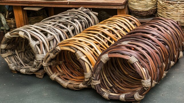 Woven wicker baskets displayed for sale in a shop