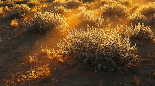 Dry thorny bushes casting sharp shadows on dusty ground in warm golden sunlight