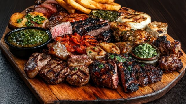 Grilled Assortment of Argentine Meats on a Rustic Wooden Board