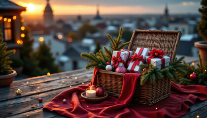 Rooftop christmas party scene with festive basket filled with wrapped gifts, evergreen branches, red ornaments and candlelight on wooden table at sunset, creating warm joyful atmosphere