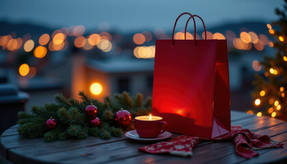 Rooftop christmas party scene with glowing candle in red cup, festive ornaments, evergreen branches and red gift bag on wooden table under evening lights