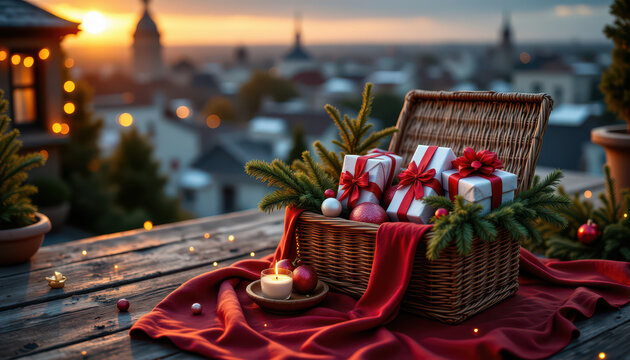 Rooftop christmas party scene with festive basket filled with wrapped gifts, evergreen branches, red ornaments and candlelight on wooden table at sunset, creating warm joyful atmosphere