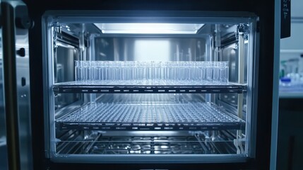 Incubator interior with glass tubes and racks in a lab environment