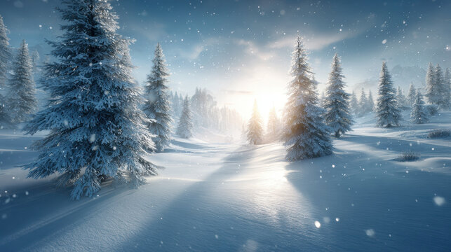 Snowy forest snow covered pine winter sunrise snowflake evergreen tree cold landscape snowdrift conifer frosty morning winter light
