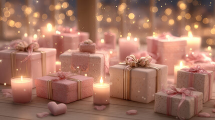 Soft pink gift box pink candle romantic present ribbon bow Valentine gift wrapped gift table display heart decoration bokeh lights