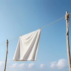 White fabric drying on clothesline under blue sky