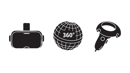 A set of black virtual reality icons showing a headset, a 360-degree globe, and a hand controller on a white background.