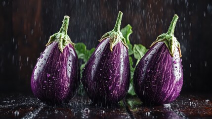 Three eggplants with deep purple glossy skin and water droplets