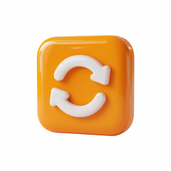 3D Refresh Sync Button Icon, White Circular Arrows on Orange Glossy Rounded Square, Realistic UI Symbol Isolated on Transparent Background