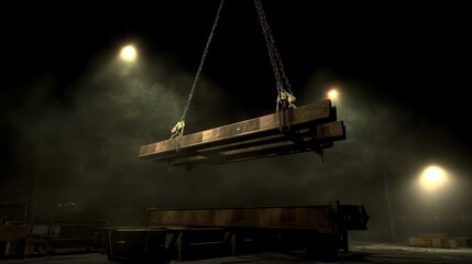 Industrial crane lifting heavy steel beams in a dark, smoky environment