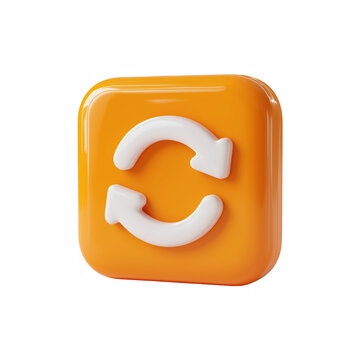 3D Refresh Sync Button Icon, White Circular Arrows on Orange Glossy Rounded Square, Realistic UI Symbol Isolated on Transparent Background