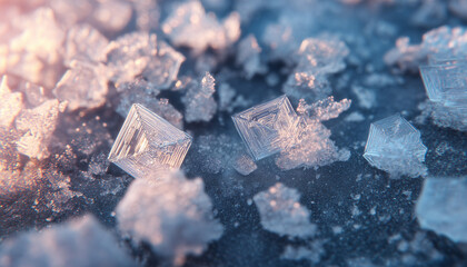 Abstract close up of sparkling ice crystals with soft pink and blue light reflections