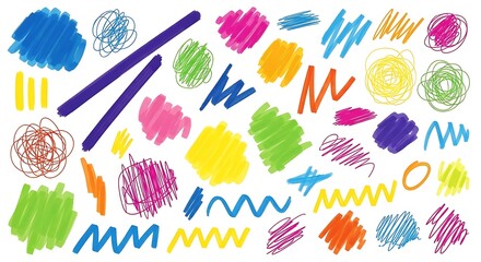 Collection of colorful scribbled and hatched marker strokes in various shapes and sizes on a white background
