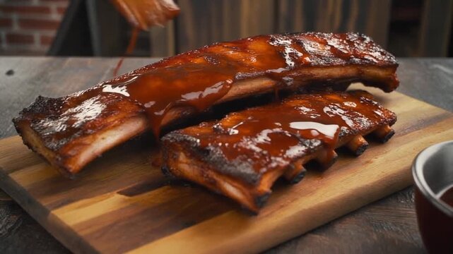 Kansas City barbecue ribs overhead glaze brushing caramelized