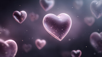 Glowing pink heart bubble floating in soft dark background, romantic shimmering texture and gentle bokeh light creating dreamy emotional atmosphere