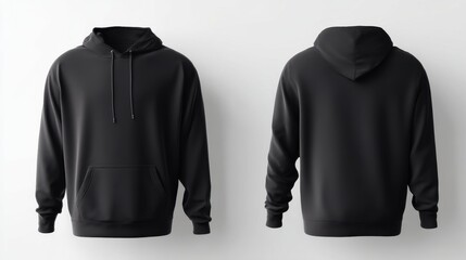 Black hoodie front and back view mockup for clothing design presentation. Concept of casual wear and apparel template.