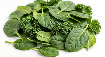 Pile of fresh green spinach and curly kale leaves on a white background image