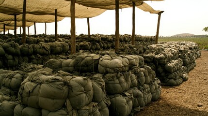 Large stacks of bundled military supplies stored outdoors under a protective tarp structure