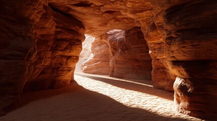 Desert canyon with sunlight streaking through a narrow passage onto the sandy floor, embodying adventure and exploration through a natural wonder.