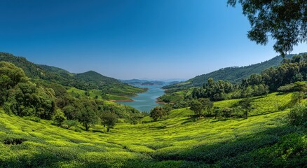 Naklejka premium Panoramic view of a lush valley with a tea plantation and a lake