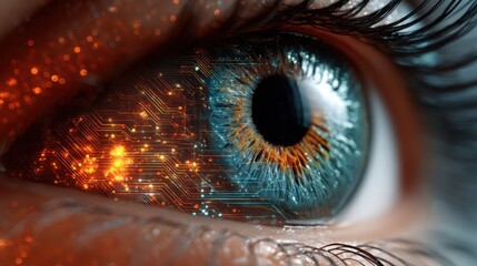 Female eye with circuit board pattern. Concept of biometric vision, artificial intelligence, and digital technology for cyber security.