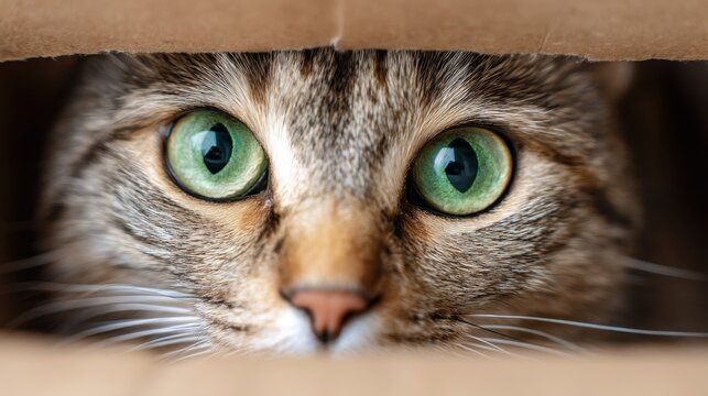 Tabby cat with bright green eyes peeking out from a cardboard box, curious and playful animal for pet related content.