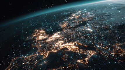 Earth in space showing european continents with connected lines depicting global network communication and digital technology at night for worldwide data exchange.