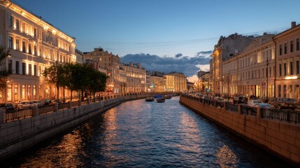 Obraz premium Beautiful city canal with illuminated buildings and boats at dusk. Scenic view of european city for travel and tourism concept. Urban landscape.