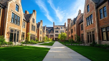 Traditional red brick residential buildings with green lawn and stone pathway under a blue sky, concept of real estate and historic architecture.