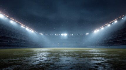 Empty football stadium field illuminated by bright lights during heavy rain and dark night. Sports arena in bad weather conditions for event.