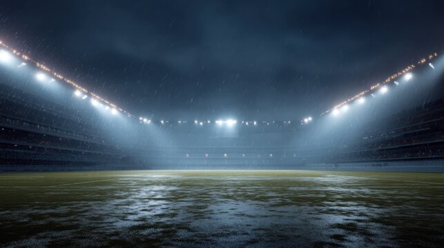 Empty football stadium field illuminated by bright lights during heavy rain and dark night. Sports arena in bad weather conditions for event.