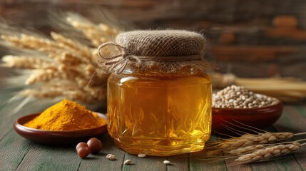 Glass jar of clear honey sealed with burlap on rustic wood table with turmeric, wheat, and grain for natural food and healthy lifestyle concept.