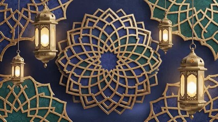 Glowing golden lanterns hang before a deep blue wall adorned with elaborate geometric filigree in shades of blue and green - Powered by Adobe