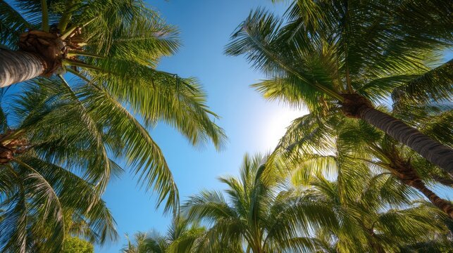 TYPE: Low angle view of lush green palm tree foliage against a vibrant blue sky with bright sun. Tropical vacation and summer travel concept for backdrop.
