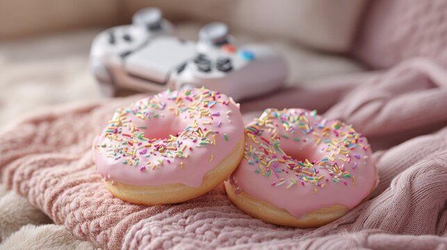 Two pink donuts with colorful sprinkles on a knit blanket. Cozy snack and gaming break. Sweet dessert for relaxation and casual leisure activity. - Powered by Adobe