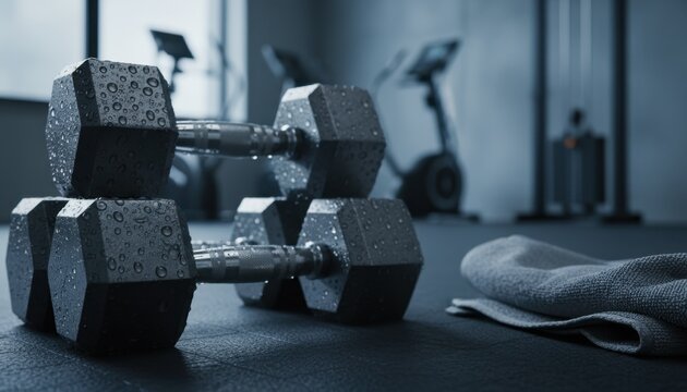Dumbbells and Towel in Gym