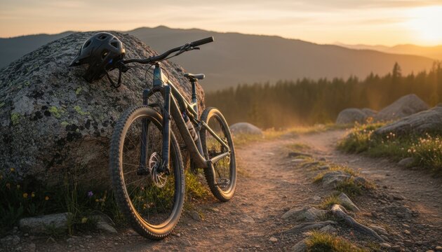 Mountain Bike and Helmet on Trail at Sunset