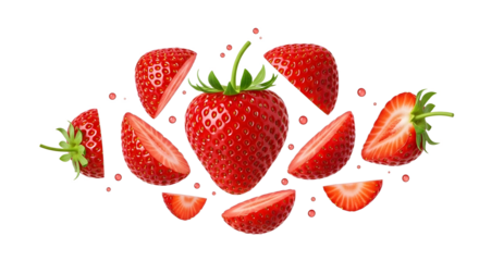 Fresh strawberries sliced and whole on a black background