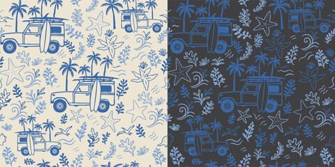 Set of 2 trendy seamless patterns featuring a retro surf car, palm trees, and starfish. Blue sketch style on light and dark backgrounds. Ideal for summer fashion prints