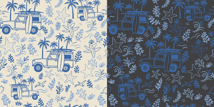 Set of 2 trendy seamless patterns featuring a retro surf car, palm trees, and starfish. Blue sketch style on light and dark backgrounds. Ideal for summer fashion prints