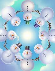 kawaii sleepy snowmen framing bright blank center