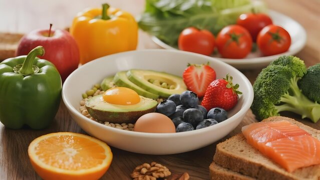 A bowl of healthy food including avocado, egg, berries, and nuts surrounded by fresh vegetables, fruits, salmon, and whole grain bread.